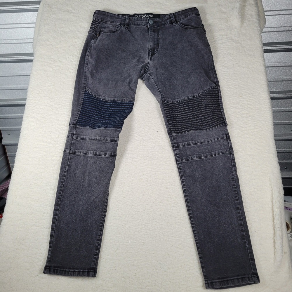 Xray Jeans‎ Biker Pants Men 38x32 Gray Moto Ribbed Knee Slim Fit Acid Wash Denim
